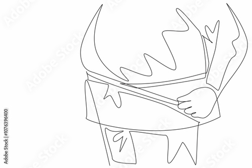 Single one line drawing obese stomach wrapped in measuring tape. Fat man in action. Strict diet for an ideal body. Try the best. Fatness. World Obesity Day. Continuous line design graphic illustration