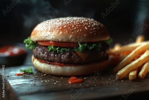 A juicy burger with lettuce, tomato, and a sesame seed bun sits on a wooden cutting board, next to a pile of golden-brown french fries photo