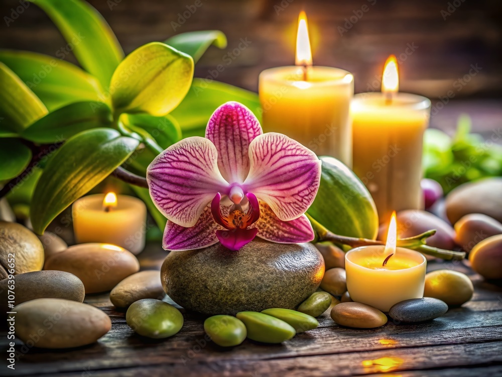 Captivating Blend of Runde Steine, Illuminating Candlelight, and Delicate Orchids in a Serene Setting for a Peaceful Home Décor Aesthetic Captivating Blend of Runde Steine, Illuminating Candlelight, and Delicate Orchids in a Serene Setting for a Peaceful Home Décor Aesthetic