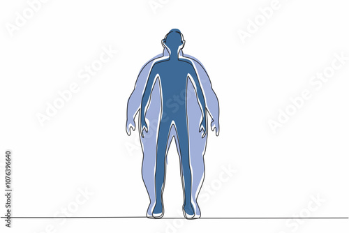 Single continuous line drawing silhouette of a slim body woman inside fat body silhouette. Struggling to achieve ideal body standards in society. World Obesity Day. One line design vector illustration