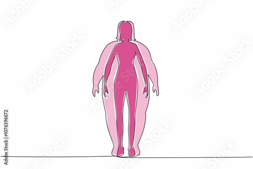 Single continuous line drawing silhouette of a slim body woman inside a fat body silhouette. Psychological impact. Struggling to have ideal body. World Obesity Day. One line design vector illustration