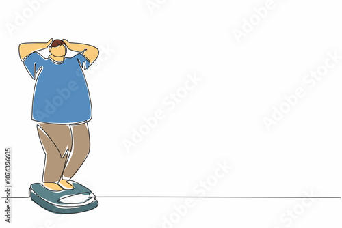 Single continuous line drawing obese man weighing himself on a scale. Shocked. Feeling insecure. Thinking about losing weight. Extra exercise. World Obesity Day. One line design vector illustration