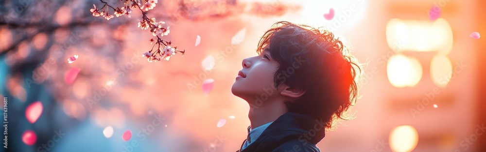 Handsome anime boy standing under cherry blossoms in spring Handsome anime boy standing under cherry blossoms in spring
