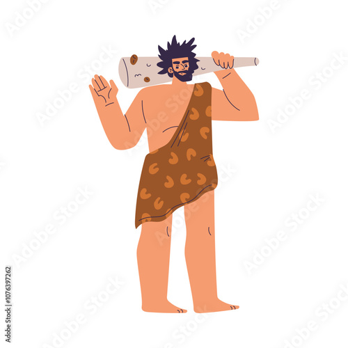 Primitive Man Character and Caveman in Loincloth Stand with Bludgeon Vector Illustration