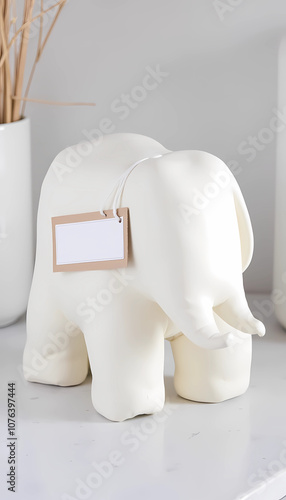 White ceramic elephant decor with blank tag