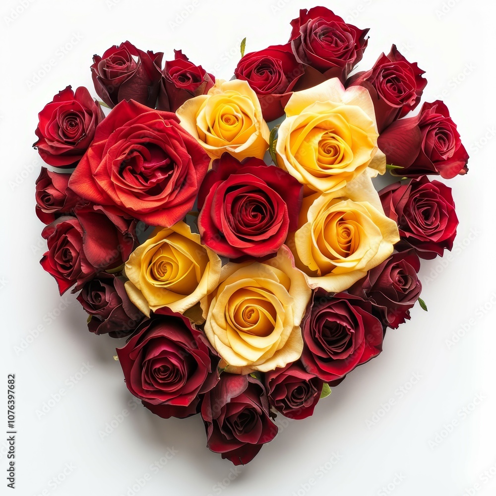 Roses arranged in the shape of a heart on white background Created with Generative AI technology Roses arranged in the shape of a heart on white background Created with Generative AI technology