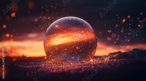 crystal ball reflecting vibrant sunset, swirling with stardust and glowing particles, creates magical atmosphere