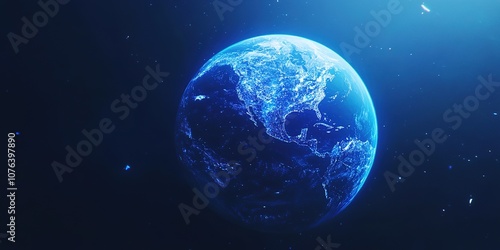  Abstract Marketing Background Featuring Blue Cosmic Planets and Technological Network Space, Showcasing a High-Tech 3D Render with Replicable Space, Perfect Composition, Clean Blue Background, Blank 