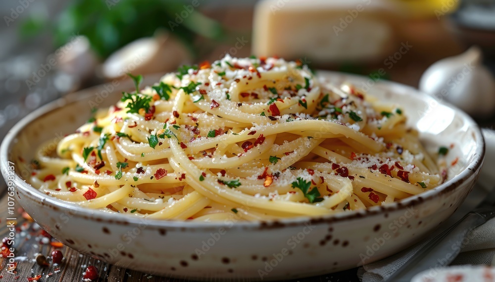 Close-up of a bowl of spaghetti with red pepper flakes, parsley, and salt Close-up of a bowl of spaghetti with red pepper flakes, parsley, and salt