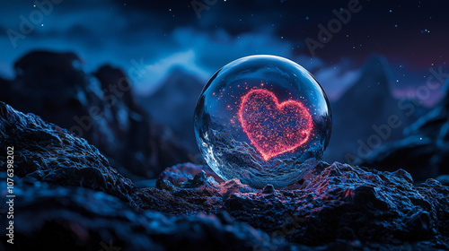 crystal ball reflecting glowing heart in mystical landscape, evoking feelings of love and wonder