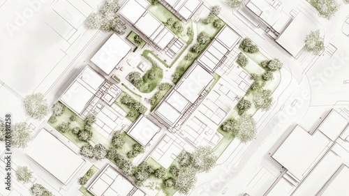 Aerial view of a landscaped urban development plan.