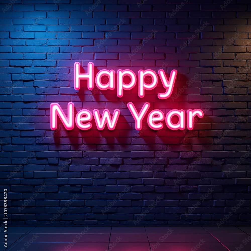 Obraz premium A neon-style HAPPY NEW YEAR text mounted on a dark brick wall, glowing in colors