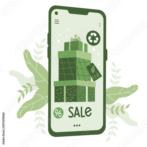 Eco friendly online shopping. Phone with natural environmentally friendly green gifts. Sale. Vector illustration. Concept Sustainable Fashion and thrift or second hand shopping, environmental care
