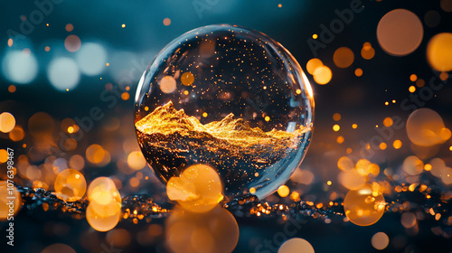 crystal ball reflecting cosmic landscape with shimmering lights and golden particles creates magical atmosphere. scene evokes wonder and curiosity about future