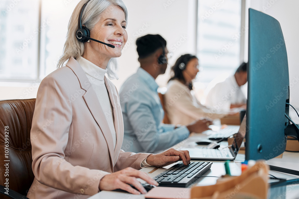 Mature woman, happy and computer at call center with reading, advice or solution with customer service. Person, agent and crm with typing, mic and help desk with contact us for tech support at agency Mature woman, happy and computer at call center with reading, advice or solution with customer service. Person, agent and crm with typing, mic and help desk with contact us for tech support at agency