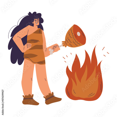 Primitive Woman Character and Caveman Frying Meat on Fire Vector Illustration