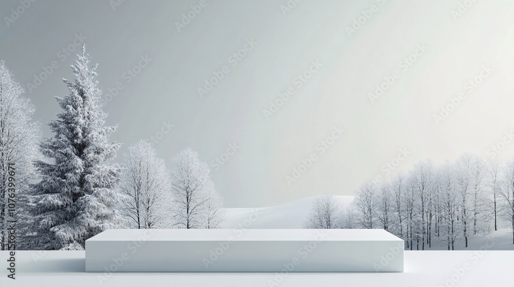Fototapeta premium White rectangular podium displaying products in beautiful winter wonderland with snowy trees