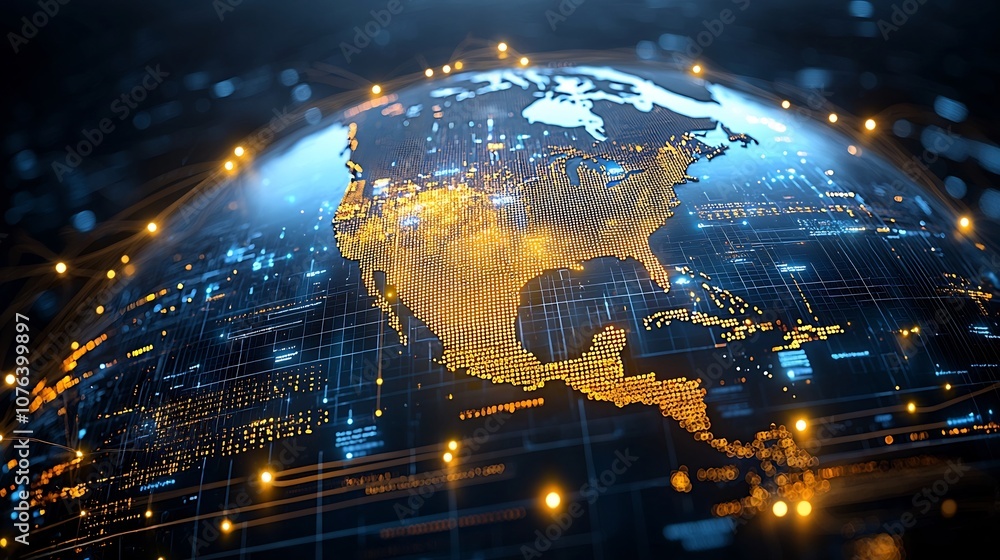 Fototapeta premium Close up view of a digital globe pulsing with a vibrant data network featuring a grid of glowing golden pixels and nodes that create a sense of depth motion and high tech energy