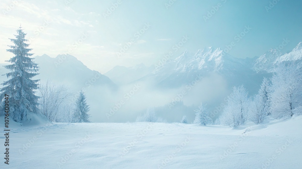 Snowy mountain peaks rising above the clouds in a frosty winter landscape Snowy mountain peaks rising above the clouds in a frosty winter landscape