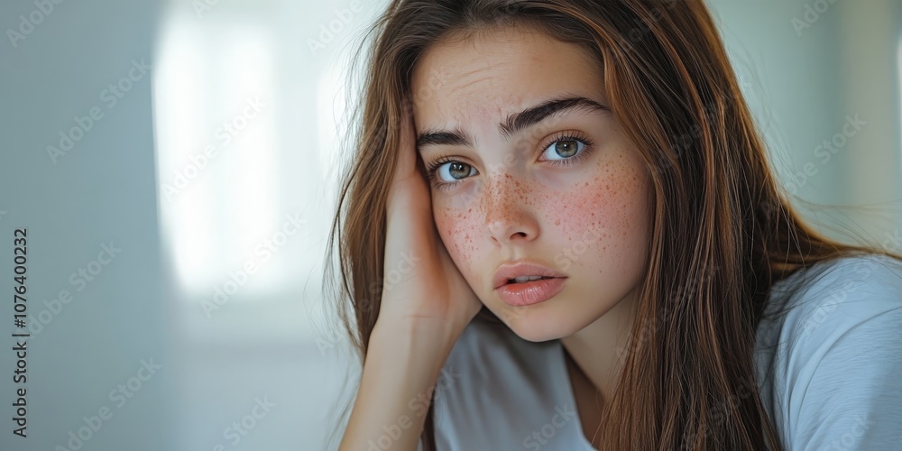 Woman Examining Face Skin for Acne or Skin Care Concerns Woman Examining Face Skin for Acne or Skin Care Concerns