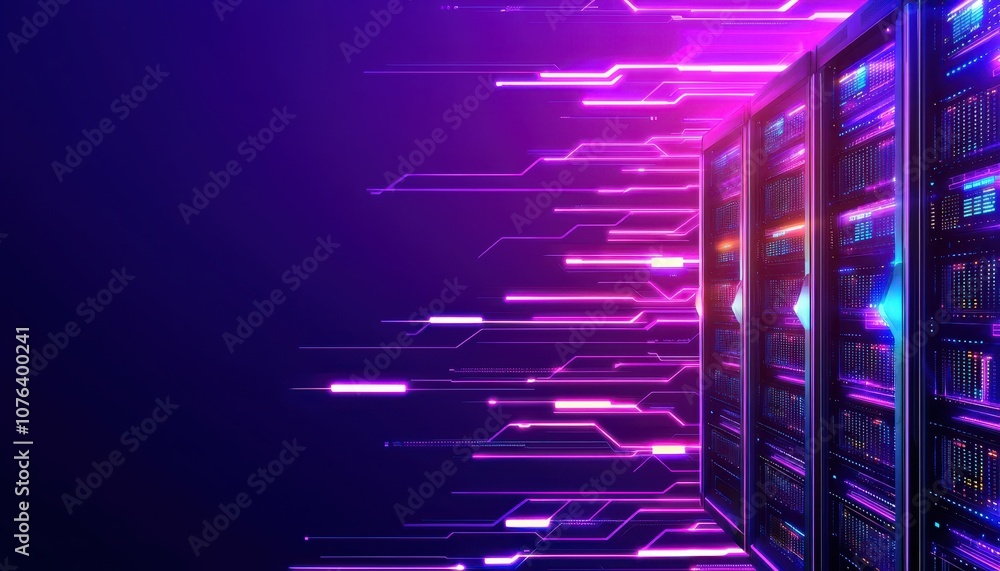 A vibrant abstract image featuring server racks with glowing lines in purple and blue, symbolizing speed and data transmission. A vibrant abstract image featuring server racks with glowing lines in purple and blue, symbolizing speed and data transmission.