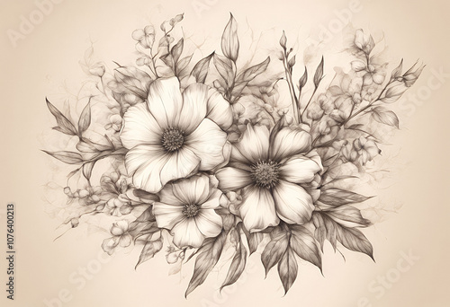 set black floral beige white olated branches vignetting tattoo bouquet sketch botanical design flowers blooming background drawing art flower