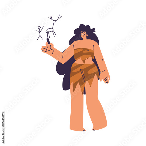 Primitive Woman Character and Caveman in Loincloth Draw and Engraving Vector Illustration