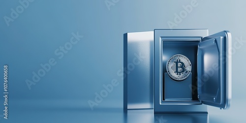  Abstract Marketing Background Featuring 3D Render of Bitcoin and Cryptocurrency Concepts, Showcasing an Open Silver Safe Filled with Bitcoins, IoT Elements, Replicable Space, Perfect Composition, Cle