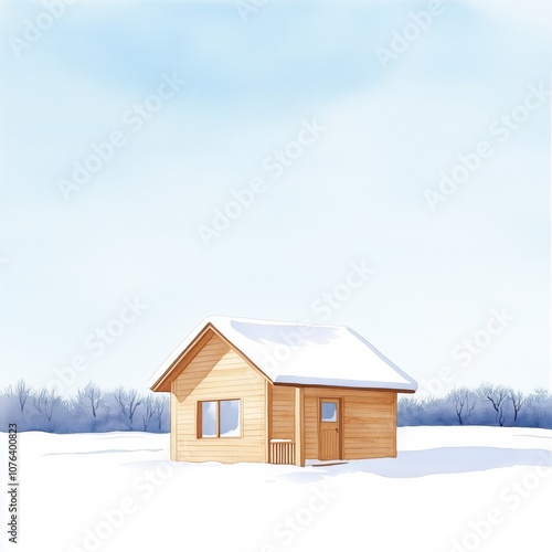 A cozy wooden cabin surrounded by a snowy landscape under a clear blue sky, evoking a sense of tranquility and winter beauty.