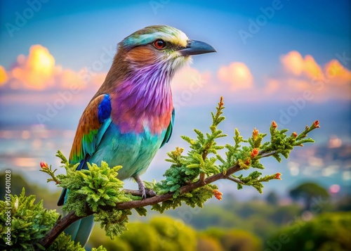 Captivating Double Exposure of Lilac-breasted Roller in Pafuri Region, Kruger National Park Showcasing Vibrant Colors and Scenic Wildlife Landscape of South Africa photo