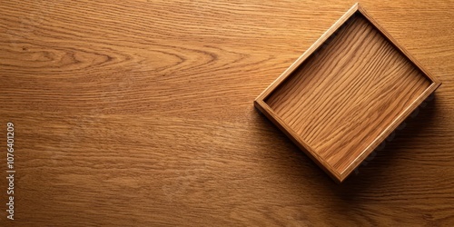 A simple wooden tray rests on a polished wooden surface, highlighting the natural grain and texture of the wood.