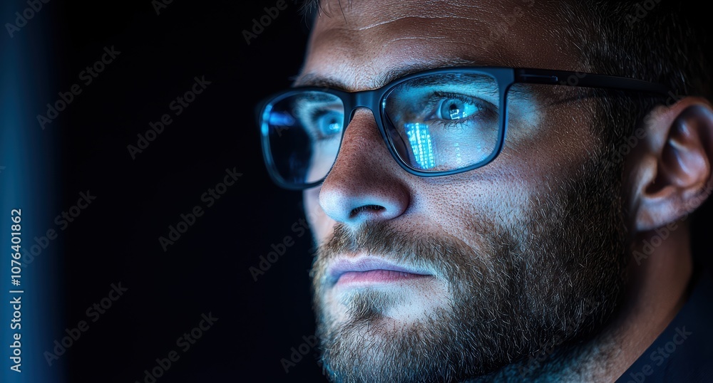 Focused businessman working on computer with blue screen reflection Focused businessman working on computer with blue screen reflection
