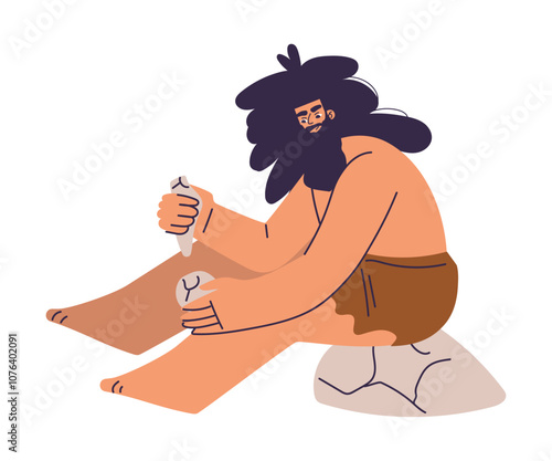 Primitive Man Character and Caveman in Loincloth Make Fire with Stone Vector Illustration