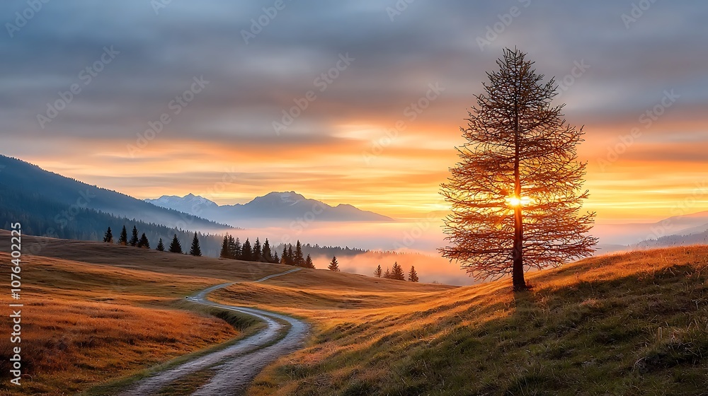 Obraz premium The vibrant sunset casts a warm orange and pink glow over the rolling hills and pine trees, creating a stunning and picturesque landscape that is both peaceful and awe inspiring.