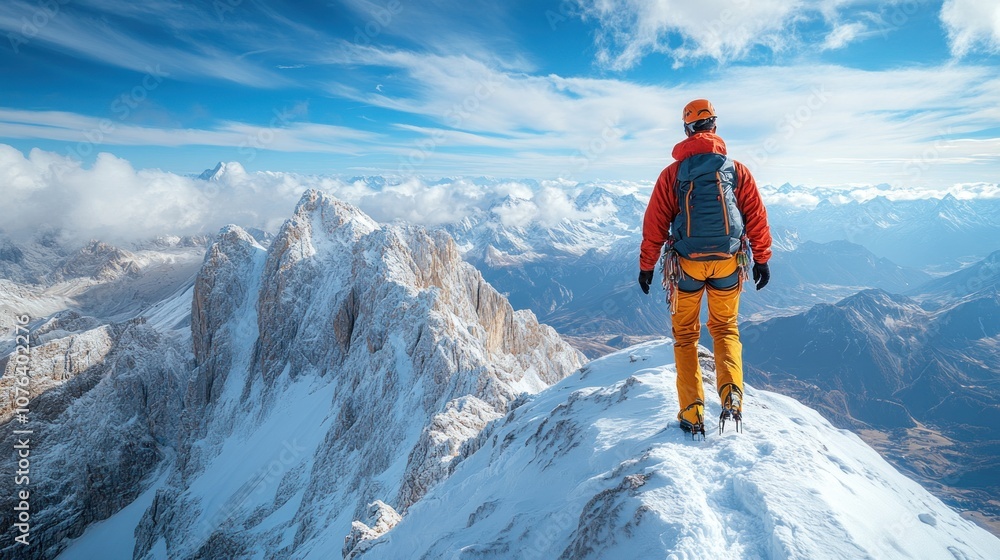 A climber stands atop a snowy peak, overlooking majestic mountains. A climber stands atop a snowy peak, overlooking majestic mountains.