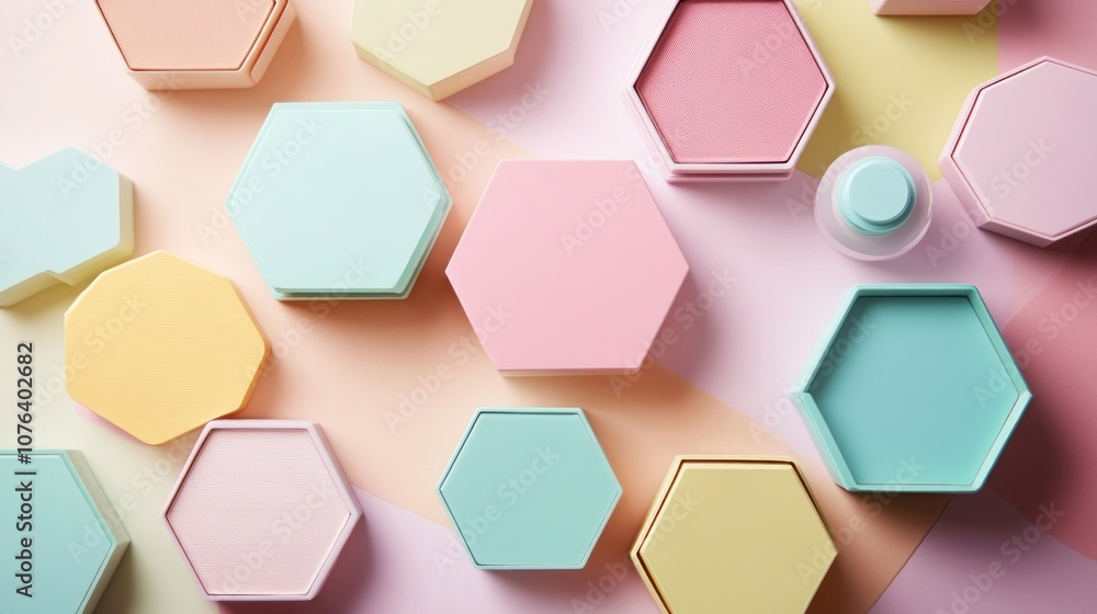 Pastel Hexagon-Shaped Boxes on a Colorful Background Pastel Hexagon-Shaped Boxes on a Colorful Background