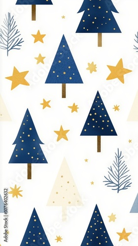 A festive pattern featuring stylized Christmas trees and stars in blue, gold, and white, perfect for holiday-themed designs.