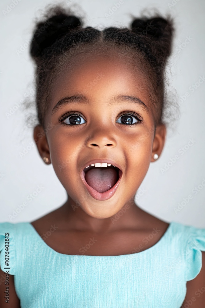 Joyful Expression of a Young African Girl Wearing a Blue Dress with Buns Joyful Expression of a Young African Girl Wearing a Blue Dress with Buns