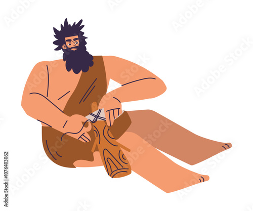 Primitive Man Character and Caveman in Loincloth Make Tool Vector Illustration