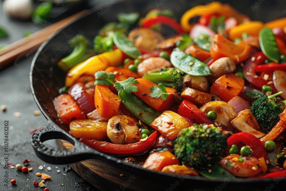 Stir-fried Vegetables and Mushrooms in a Black Pan Stir-fried Vegetables and Mushrooms in a Black Pan