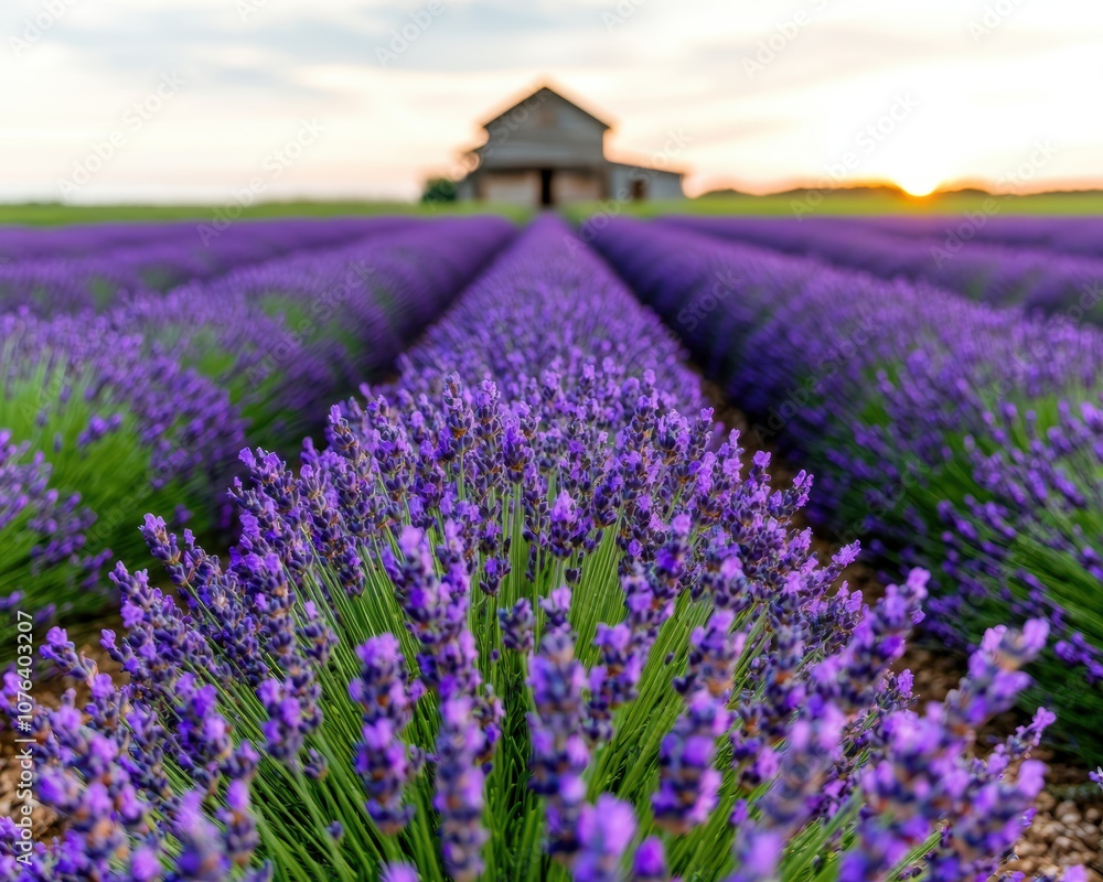 Fototapeta premium Lavender field with barn at sunset