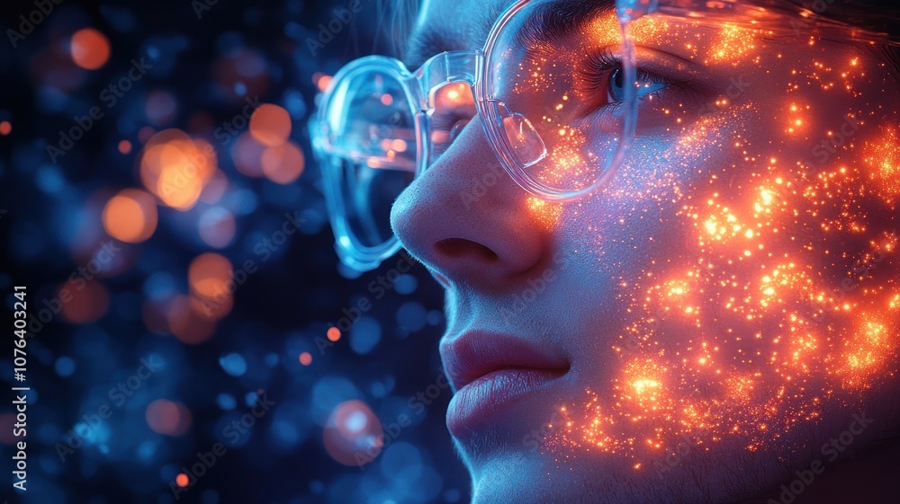 A close-up of a person's face with a cosmic effect overlay. A close-up of a person's face with a cosmic effect overlay.