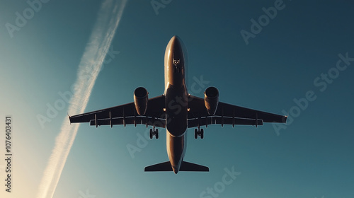 Silhouette of a large commercial airplane flying overhead with contrail in the background during sunset against a clear blue sky.