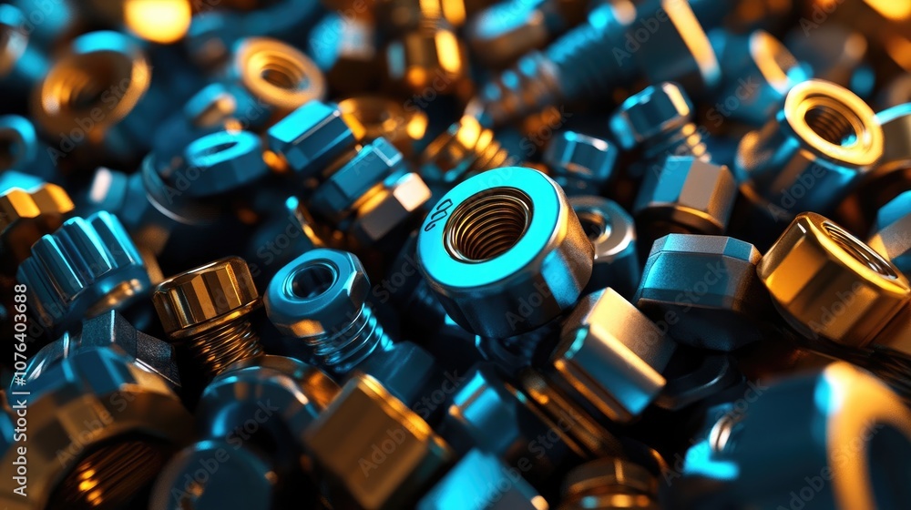 3D Render of Shiny Blue and Gold Nuts, Bolts, and Fasteners in Pile with Metallic Colors and Cinematic Lighting 3D Render of Shiny Blue and Gold Nuts, Bolts, and Fasteners in Pile with Metallic Colors and Cinematic Lighting
