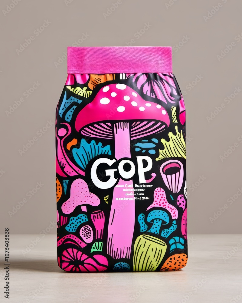 Obraz premium Colorful packaging featuring mushrooms, vibrant design, artistic and eye-catching.