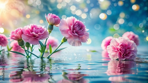 Wallpaper Mural Captivating Drone Photography of Pink Carnation Flowers Floating on Water with Sunlight Reflections and Water Droplets for High-Quality Design and Cosmetics Advertising Torontodigital.ca
