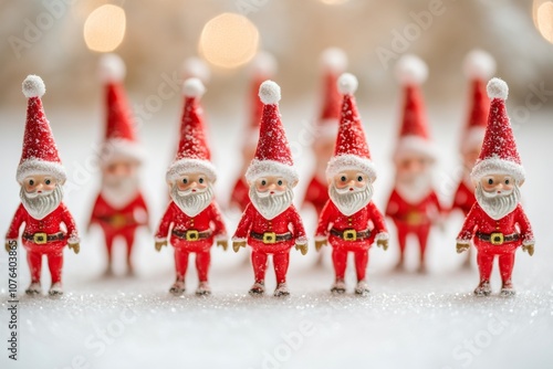 A charming lineup of tiny Santa figurines brings festive cheer. Each Santa is unique yet united by holiday spirit. Perfect for seasonal decor and joy. Generative AI photo