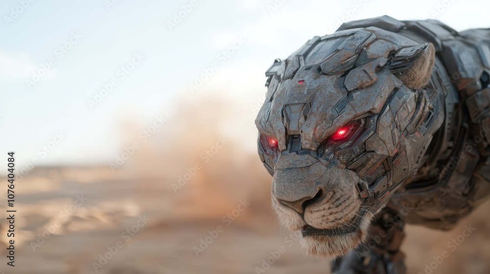 Futuristic robotic tiger in desert landscape Futuristic robotic tiger in desert landscape