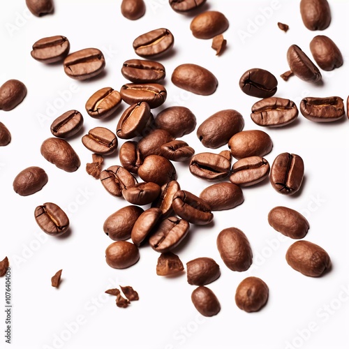 A collection of coffee beans scattered on a white background, showcasing their rich texture.