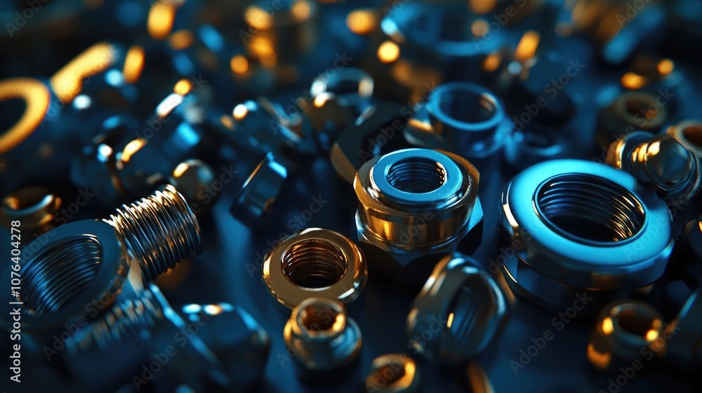 3D Render of Shiny Blue and Gold Nuts, Bolts, and Fasteners in Pile with Metallic Colors and Cinematic Lighting
